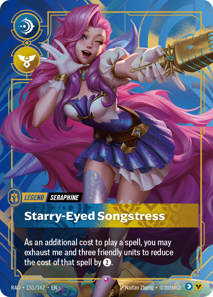 Seraphine's Legend card, Starry-Eyed Songstress, with the blue Mind and yellow Order symbols; Seraphine holds a microphone.