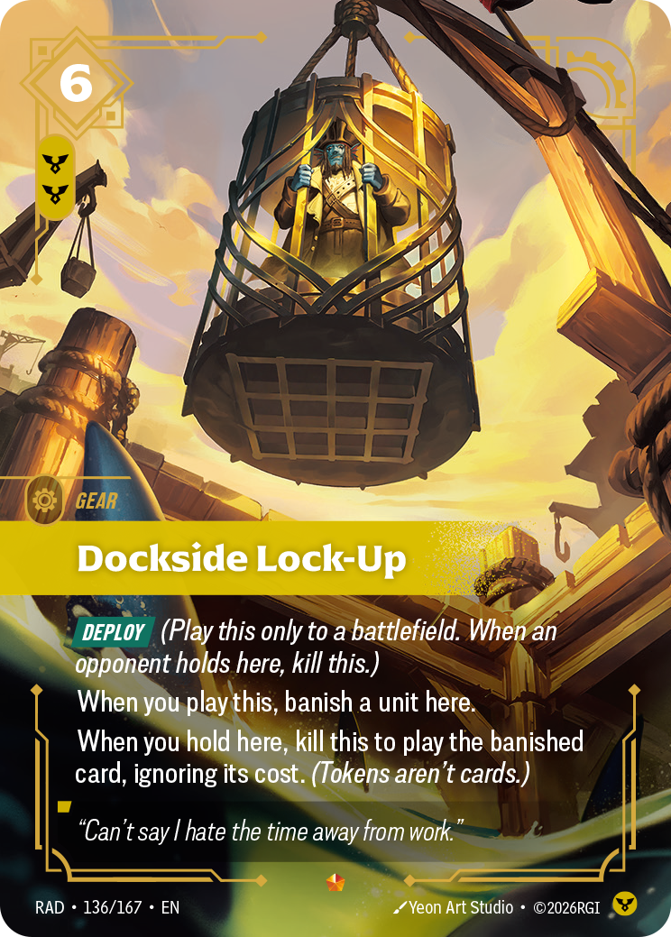 Dockside Lock-Up, a 6-Energy Order gear with Deploy, showing a prisoner in a cage hanging from a crane.