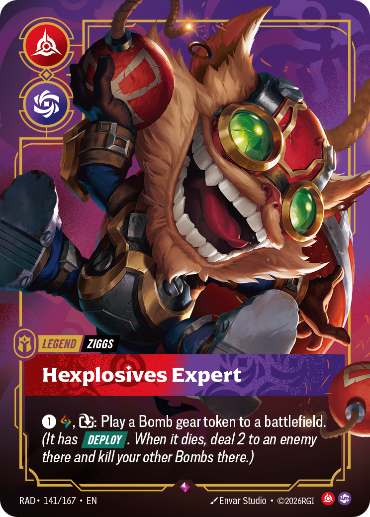 Ziggs's Legend card, Hexplosives Expert, with the red Fury and purple Chaos symbols; Ziggs grins behind a bomb.