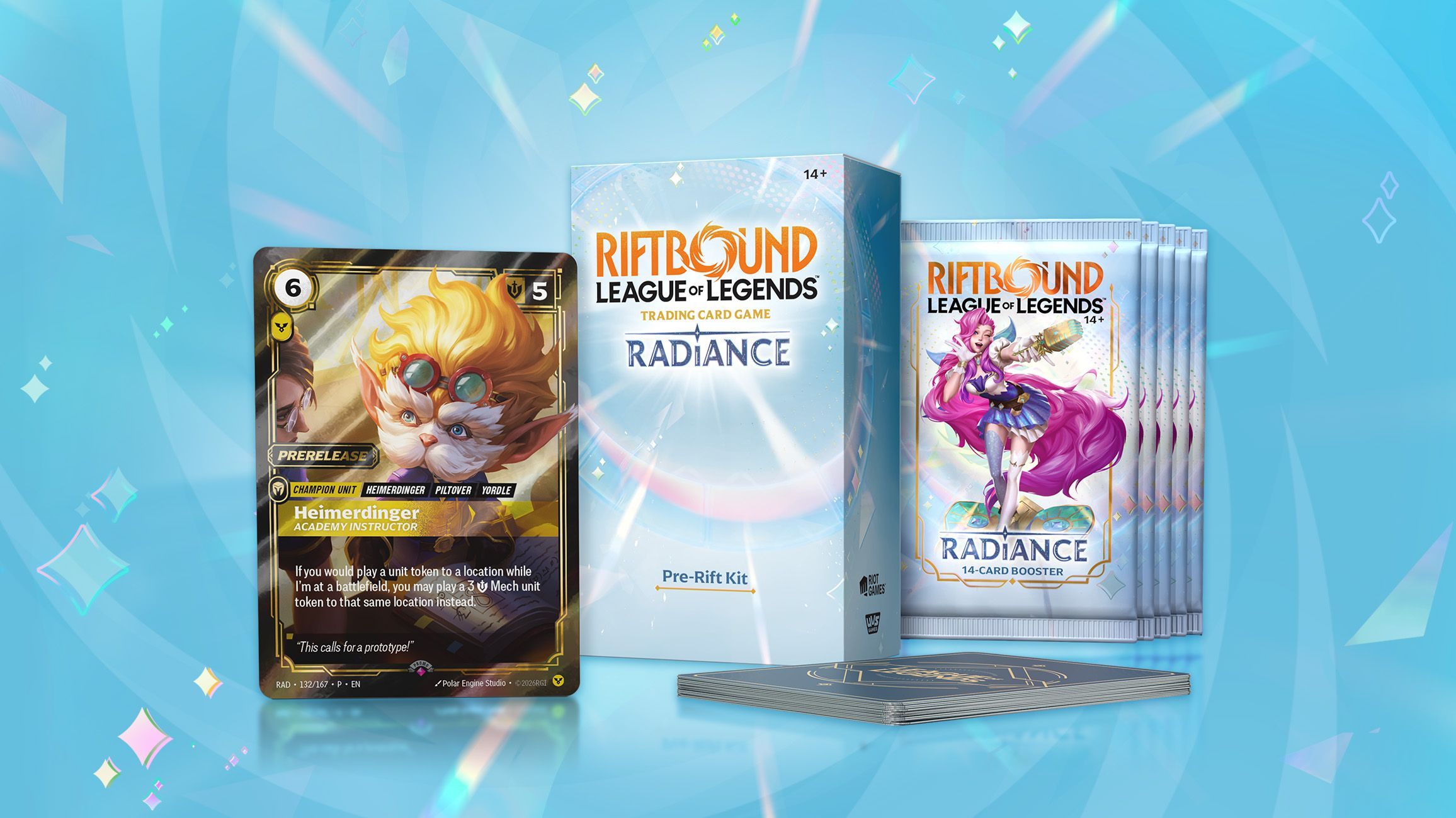A Radiance Pre-Rift Kit box beside five boosters, a stack of cards and the foil Heimerdinger, Academy Instructor promo with its Prerelease stamp.