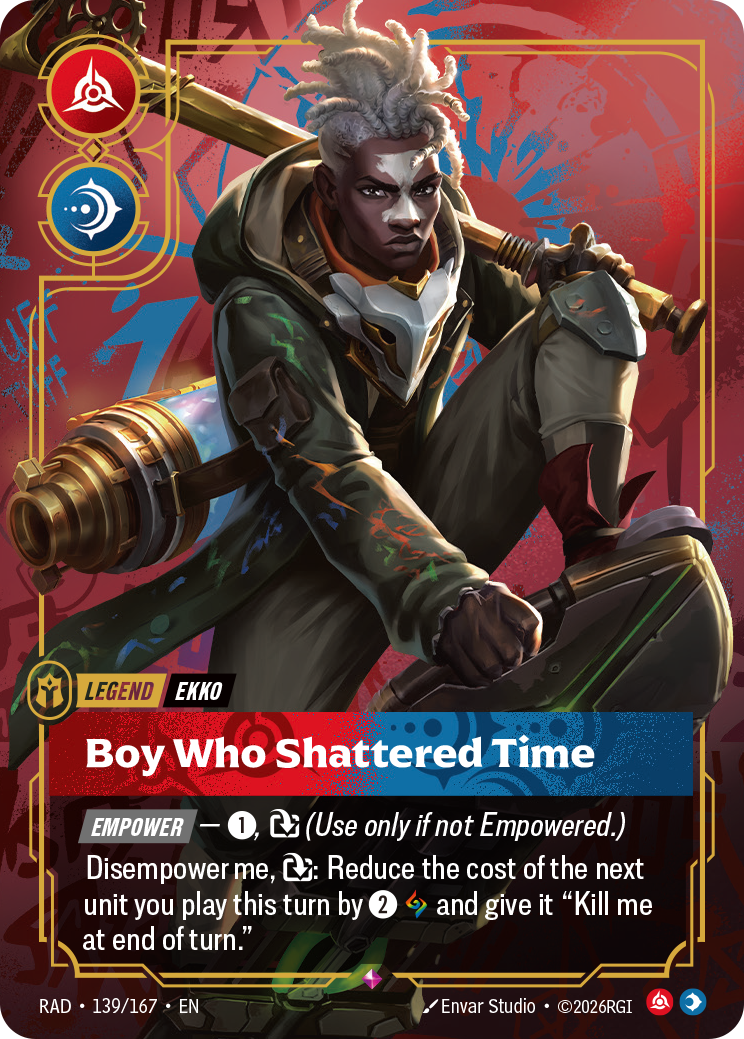 Ekko's Legend card, Boy Who Shattered Time, with the red Fury and blue Mind symbols; Ekko crouches with his weapon.
