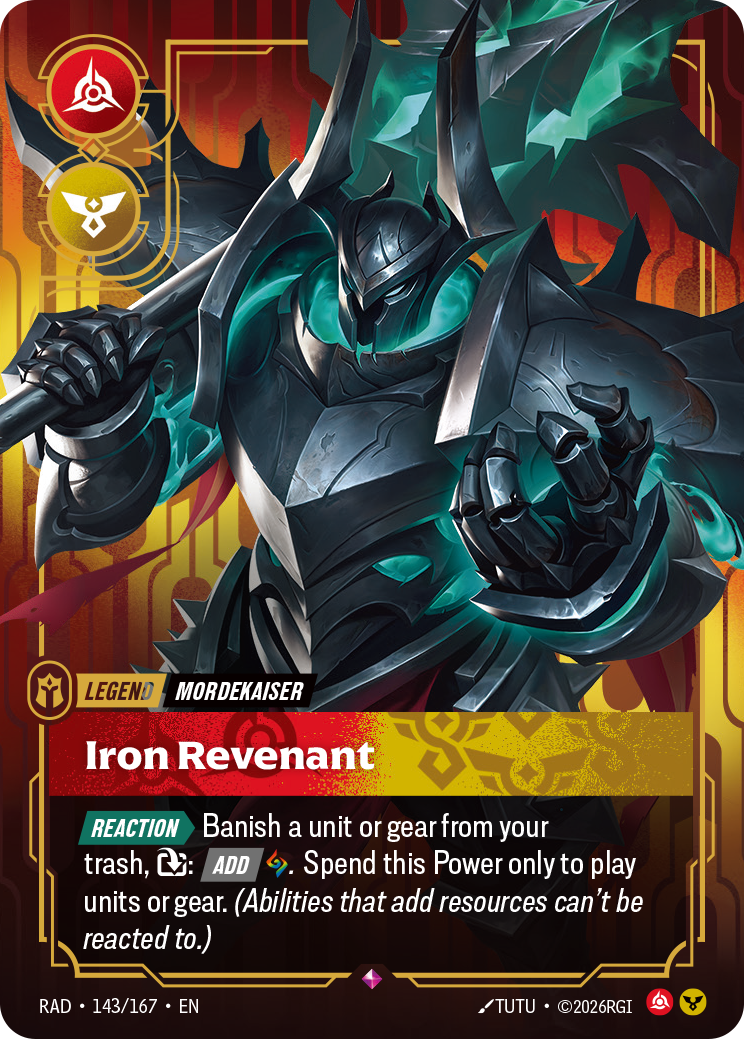 Mordekaiser's Legend card, Iron Revenant, with the red Fury and yellow Order symbols; Mordekaiser in spiked dark armor.