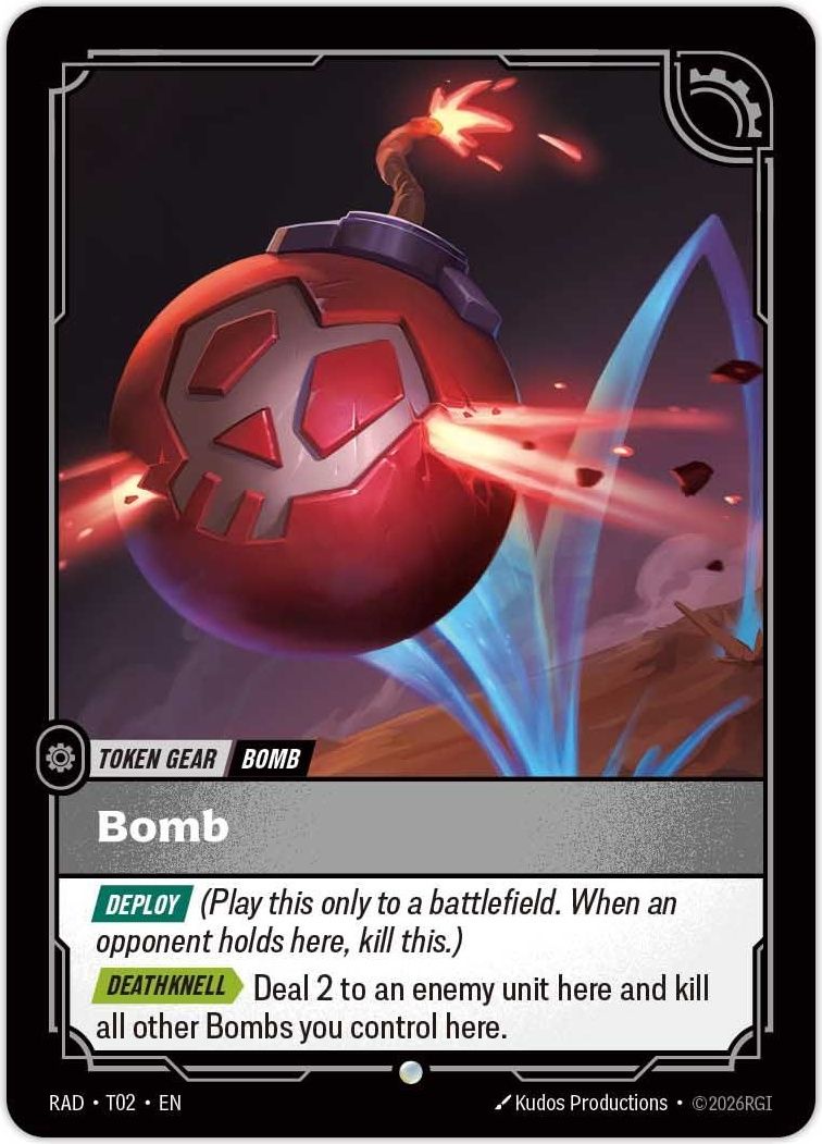 The Bomb token gear, a red skull bomb, with Deploy and a Deathknell that deals 2 to an enemy unit.