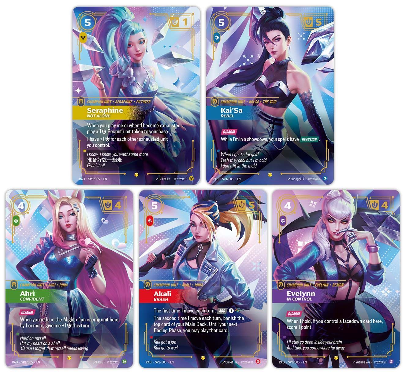 The five K/DA Special Alt Art cards of Radiance: Seraphine, Kai'Sa, Ahri, Akali and Evelynn.