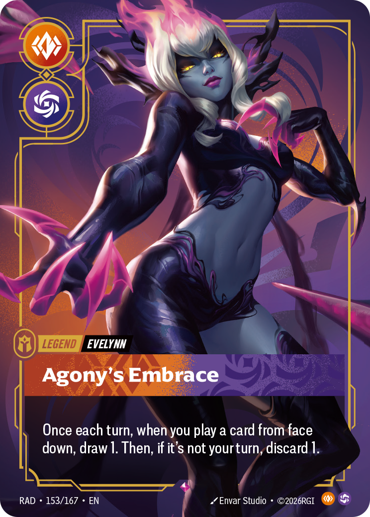 Evelynn's Legend card, Agony's Embrace, with the orange Body and purple Chaos symbols.