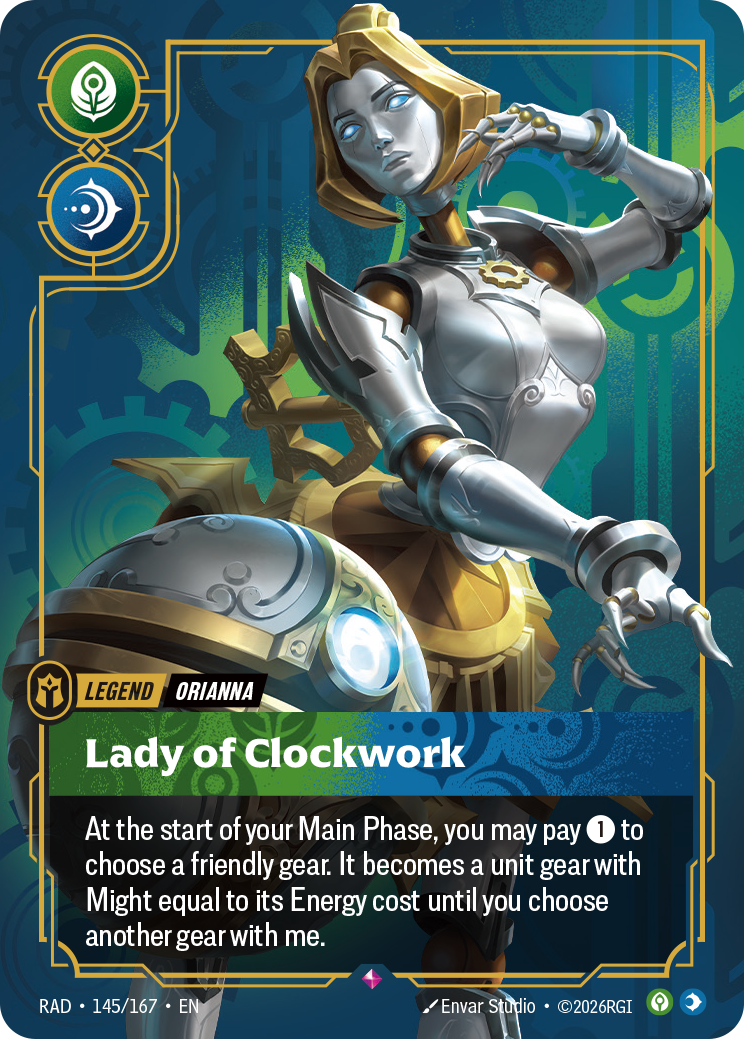 Orianna's Legend card, Lady of Clockwork, with the green Calm and blue Mind symbols; Orianna beside her ball.