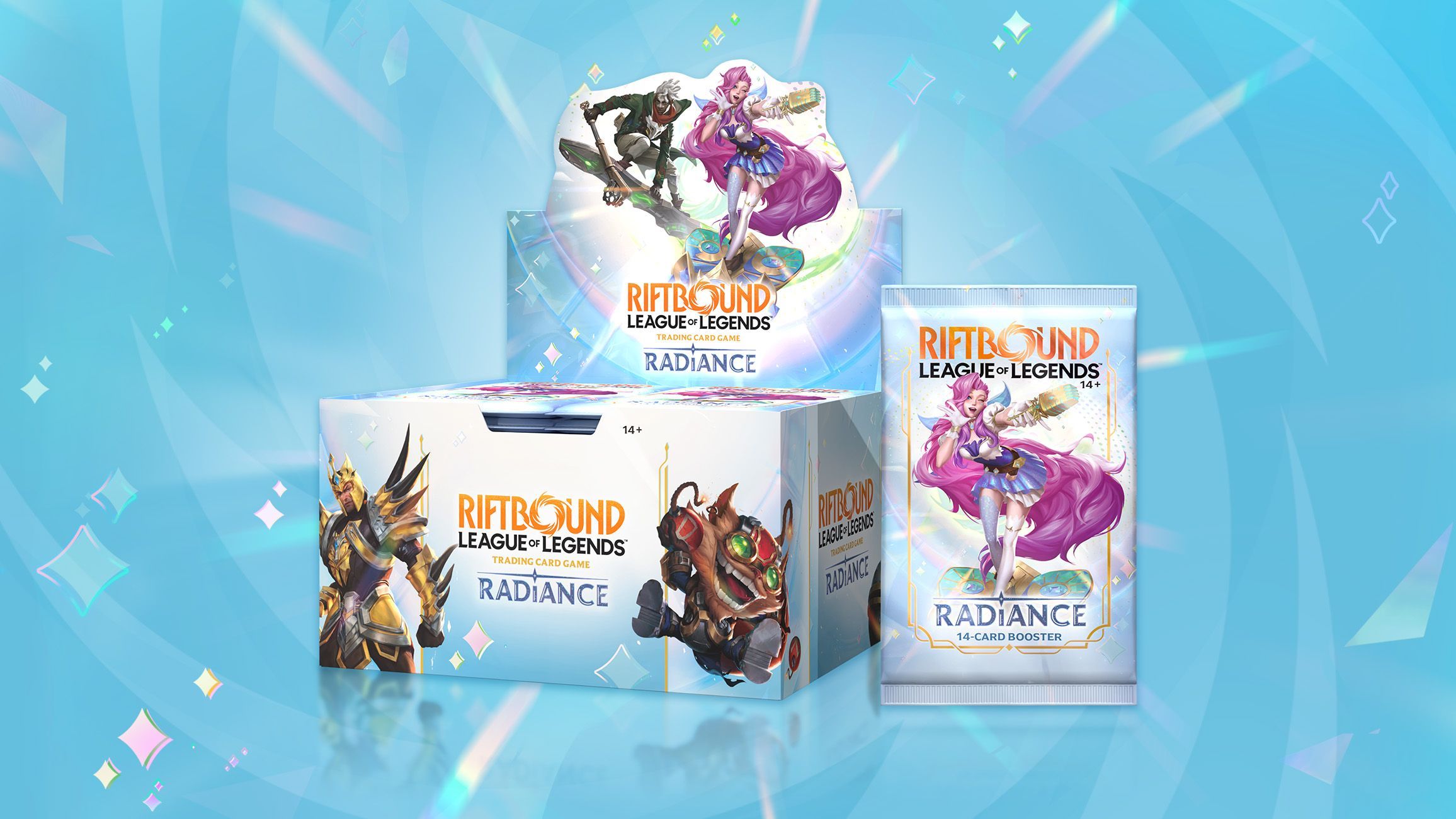 The Radiance booster display with Ekko and Seraphine on the lid and Jarvan IV and Ziggs on the front, beside a 14-card booster pack showing Seraphine.