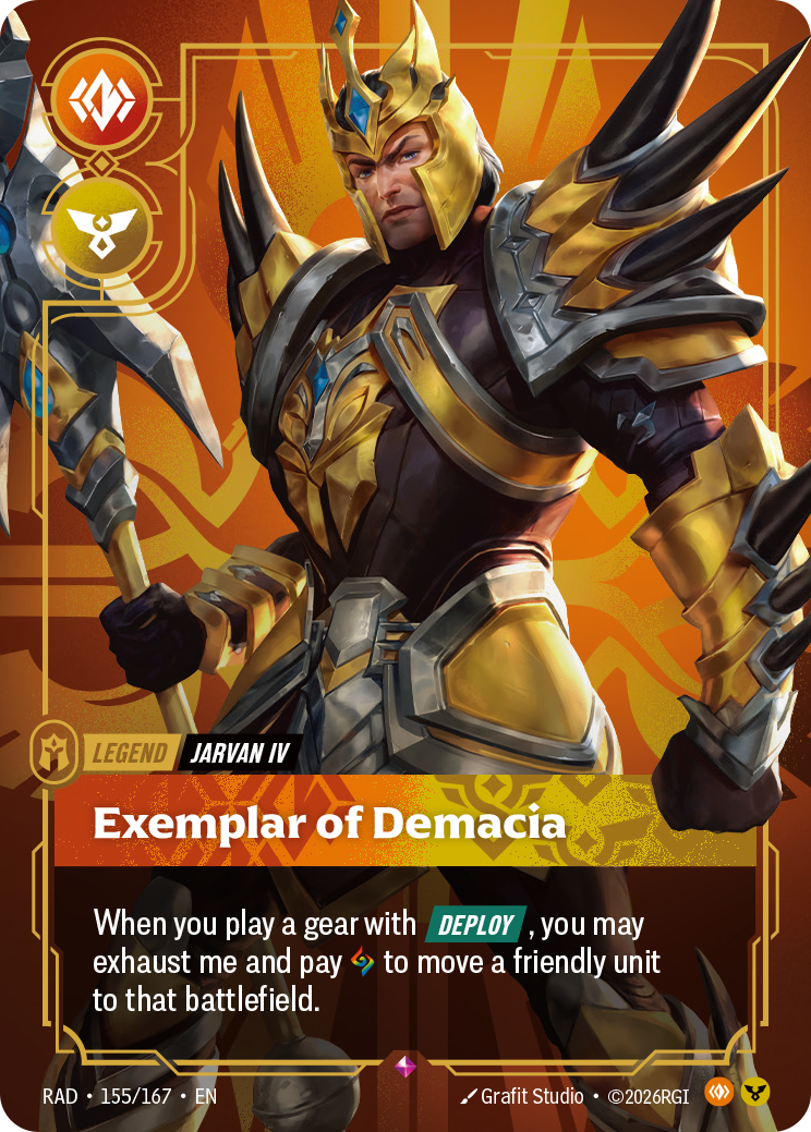 Jarvan IV's Legend card, Exemplar of Demacia, with the orange Body and yellow Order symbols; Jarvan IV in gold armor.