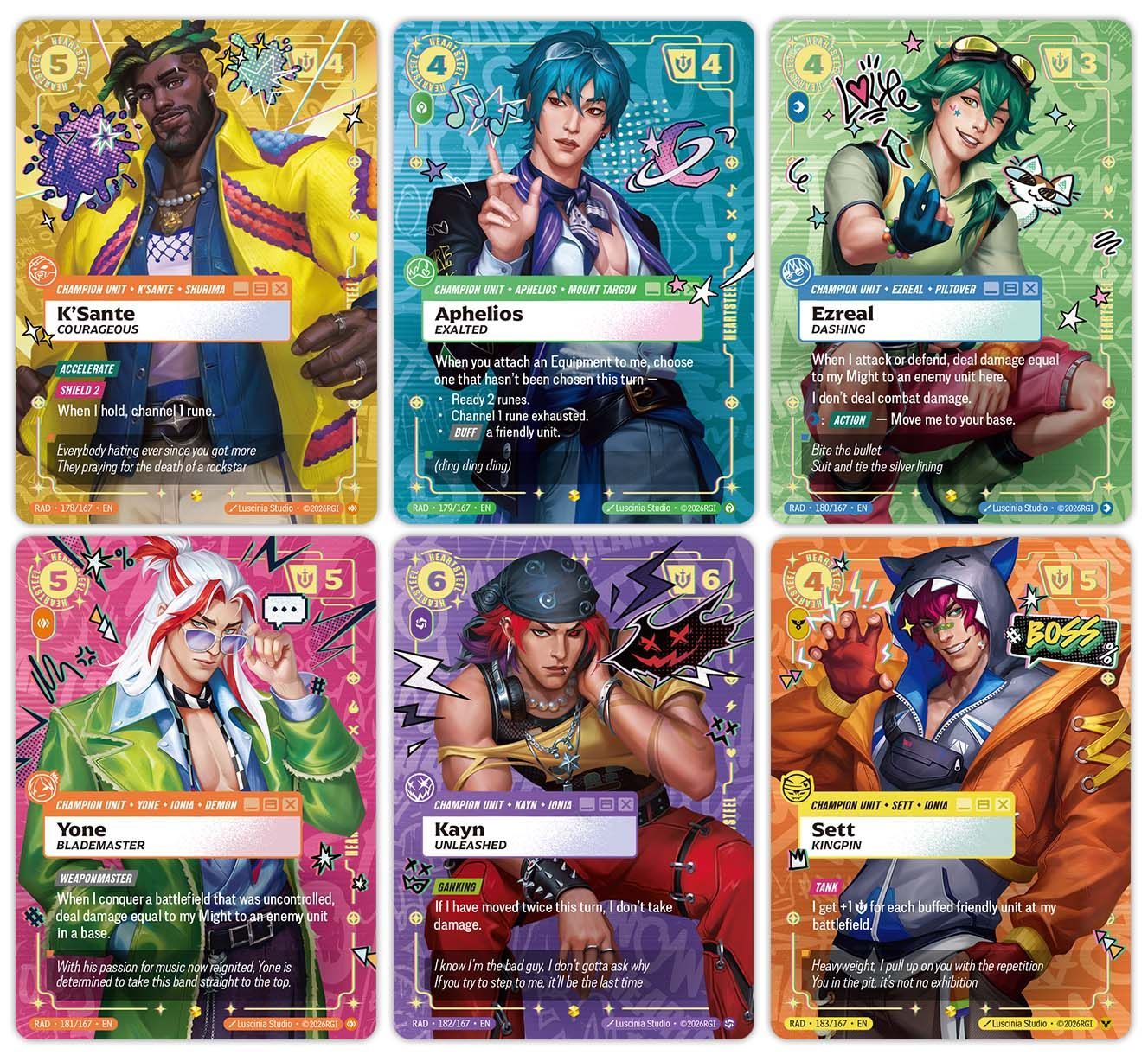 The six Heartsteel Overnumber cards of Radiance: K'Sante, Aphelios, Ezreal, Yone, Kayn and Sett.