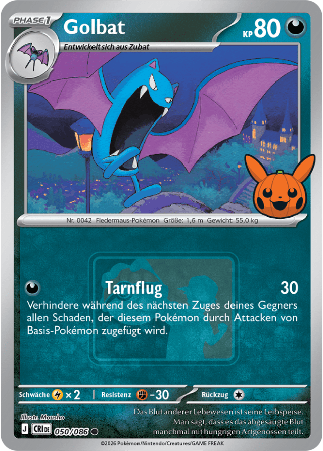 Pokéween-Promokarte Golbat 050/086 von 2026 in der deutschen Ausgabe, mit dem Pikachu-Kürbis-Stempel unten rechts im Bild und dem Play! Pokémon-Logo hinter dem Attackentext.