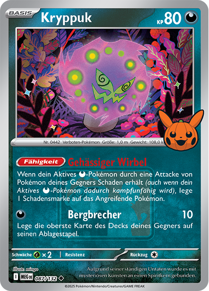 Die Pokéween-Promokarte Kryppuk 087/132 von 2025 in der deutschen Ausgabe, mit dem Pikachu-Kürbis-Stempel unten rechts im Bild und dem Play! Pokémon-Logo hinter dem Kartentext.
