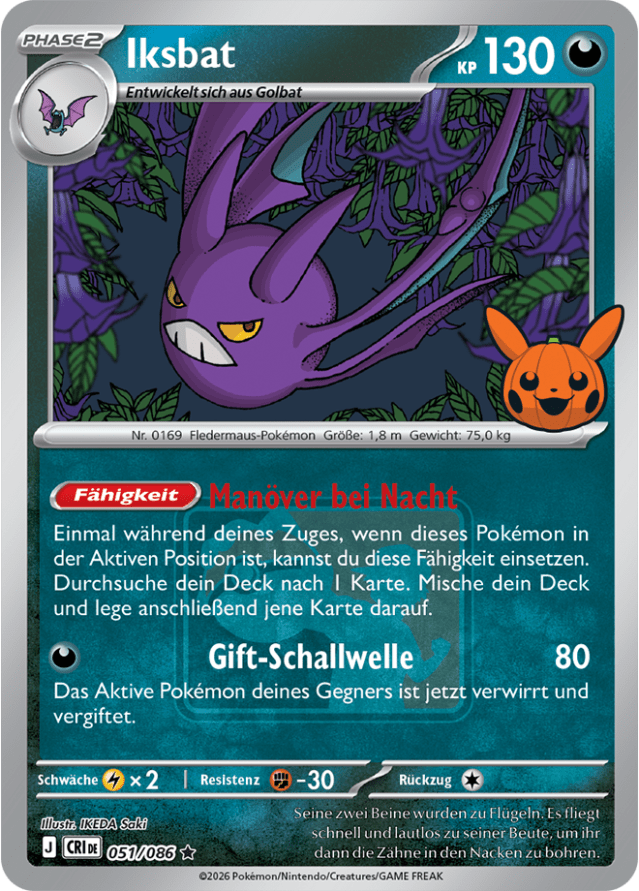 Pokéween-Promokarte Iksbat 051/086 von 2026 in der deutschen Ausgabe, mit dem Pikachu-Kürbis-Stempel unten rechts im Bild und dem Play! Pokémon-Logo hinter dem Attackentext.