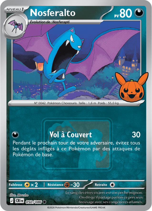 Carte promo Pokéween 2026 Nosferalto 050/086 de Chaos Ascendant, en français, avec le tampon Pikachu citrouille en bas à droite de l'illustration et le logo Play! Pokémon derrière le texte d'attaque.