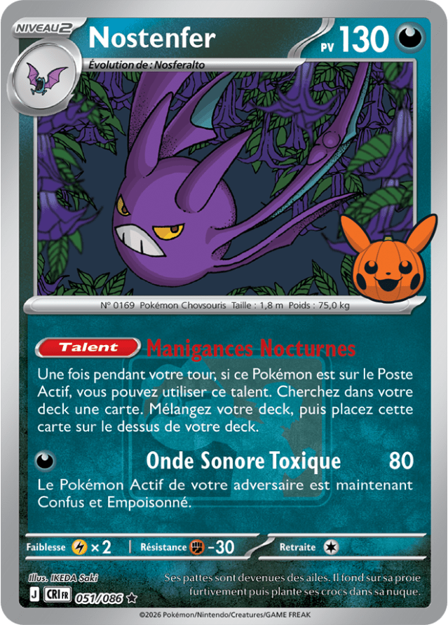 Carte promo Pokéween 2026 Nostenfer 051/086 de Chaos Ascendant, en français, avec le tampon Pikachu citrouille en bas à droite de l'illustration et le logo Play! Pokémon derrière le talent et l'attaque.