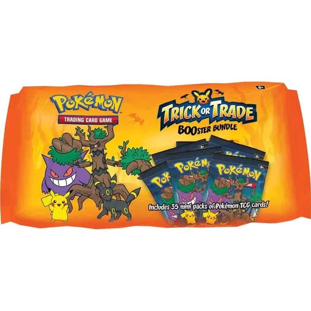 The 2024 Trick or Trade BOOster Bundle, an orange bag with Trevenant, Gengar, Umbreon and Pikachu, marked: includes 35 mini packs of Pokémon TCG cards.
