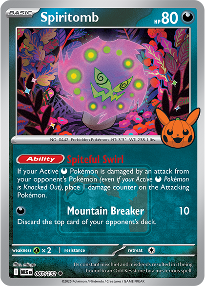 The 2025 Pokéween Spiritomb 087/132 promo card, with the Pikachu jack-o'-lantern stamp at the bottom right of the artwork and the Play! Pokémon logo behind the attack text.