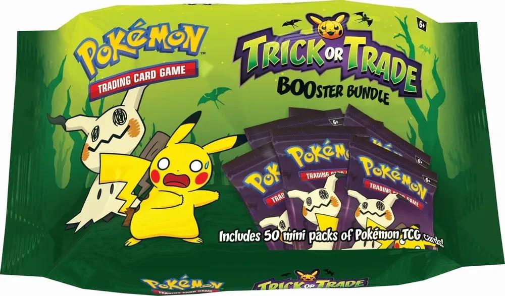 The 2023 Trick or Trade BOOster Bundle, a green bag with Mimikyu and a startled Pikachu, marked: includes 50 mini packs of Pokémon TCG cards.