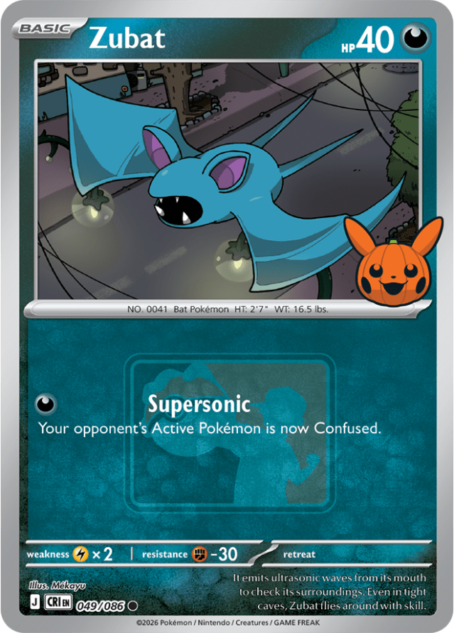 Pokéween 2026 Zubat 049/086 promo card from Chaos Rising, with the orange Pikachu jack-o'-lantern stamp at the bottom right of the artwork and the Play! Pokémon logo behind the attack text.