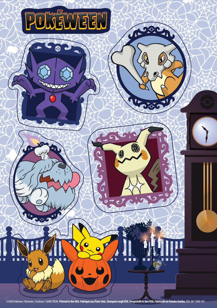The Pokéween 2026 sticker sheet: a Pokéween logo, Sableye, Cubone, Greavard and Mimikyu in picture frames, and Eevee beside a Pikachu in a jack-o'-lantern.
