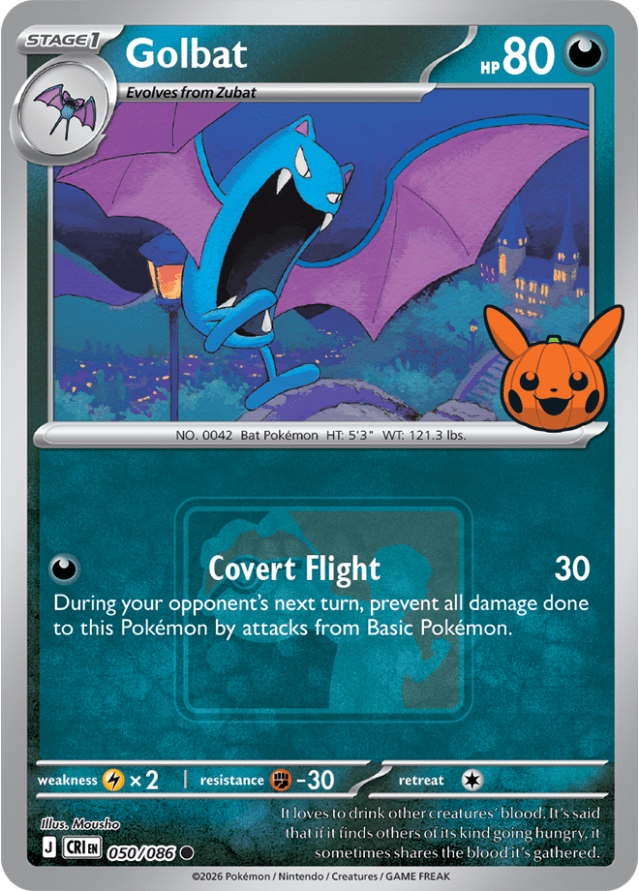 Pokéween 2026 Golbat 050/086 promo card from Chaos Rising, with the Pikachu jack-o'-lantern stamp at the bottom right of the artwork and the Play! Pokémon logo behind the attack text.