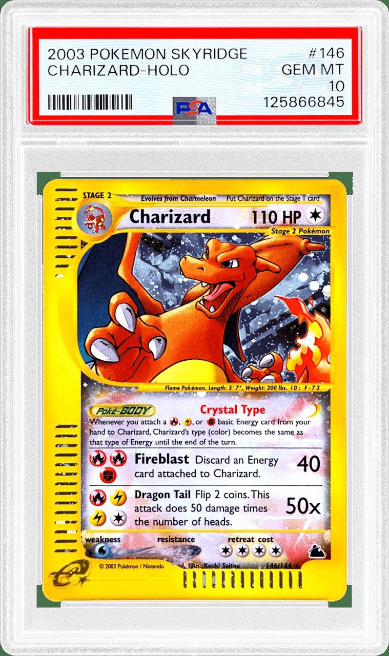 A PSA slab holding a Skyridge Charizard graded GEM MT 10, red label bar and certification number.