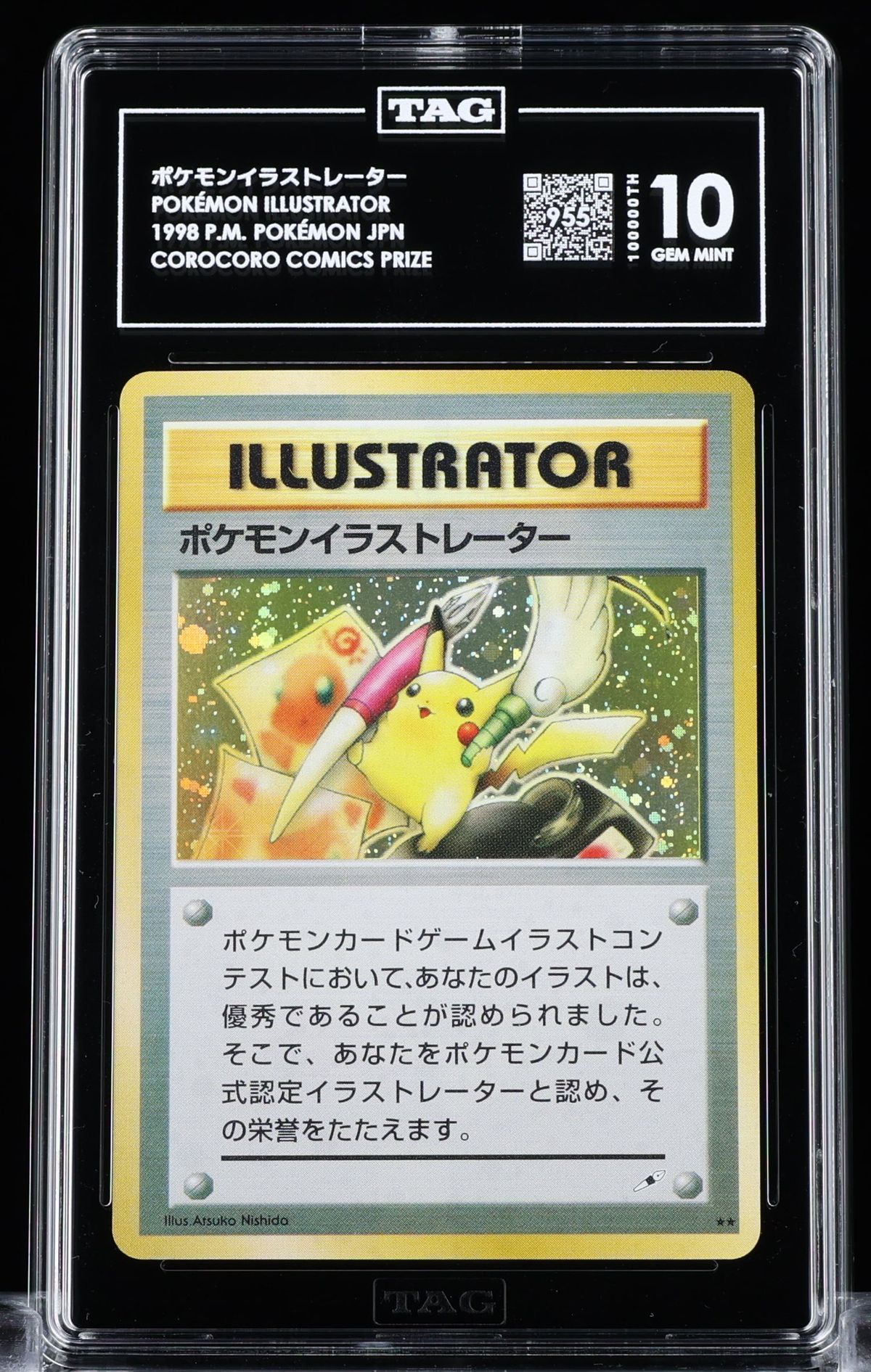 A TAG slab holding a Pokémon Illustrator card graded Gem Mint 10, with the QR code on the label.