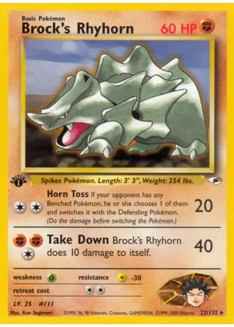 Brock's Rhyhorn (1st Edition) #22/132 — Gym Heroes (1st Edition)