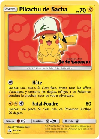 Pikachu de Sacha SM109 — Soleil & Lune Promos